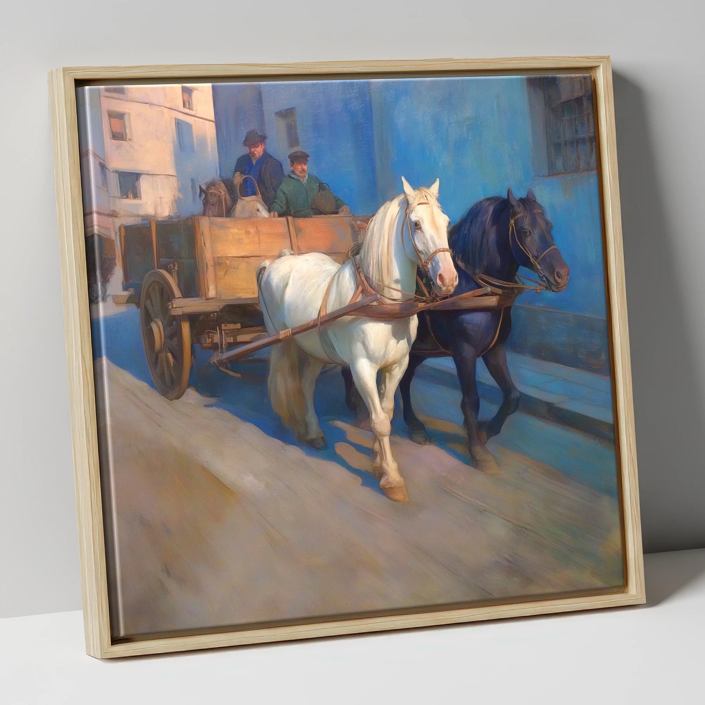 Sunlit Draught Pair working horse canvas wall art in natural frame