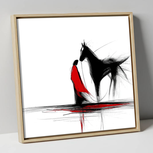 Crimson Connection horse & rider canvas wall art in natural frame