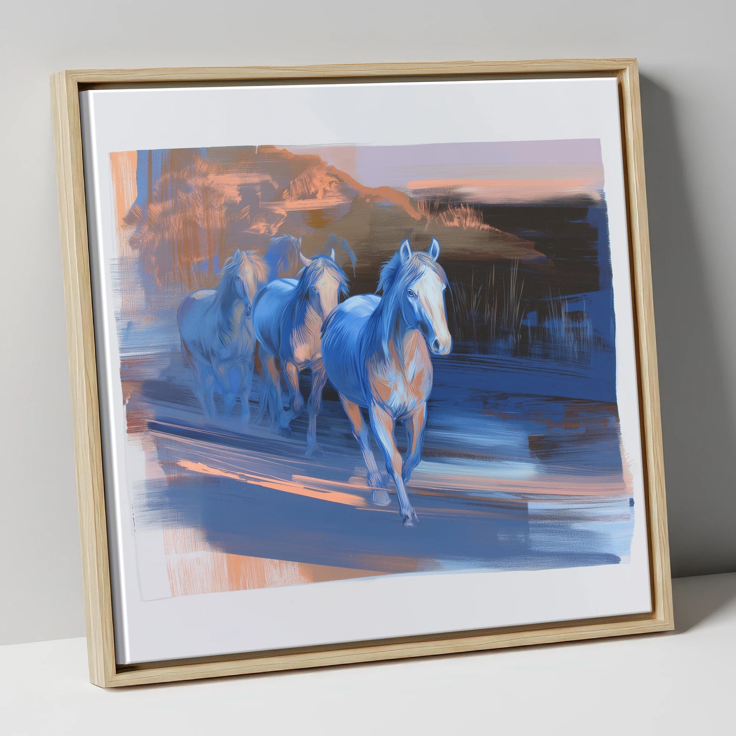 Cobalt Dawn Herd wild horses canvas wall art in natural frame