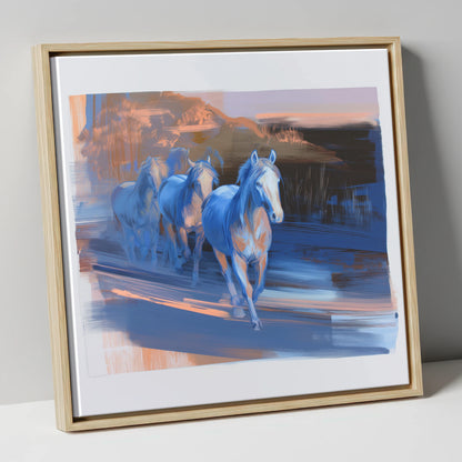 Cobalt Dawn Herd wild horses canvas wall art in natural frame