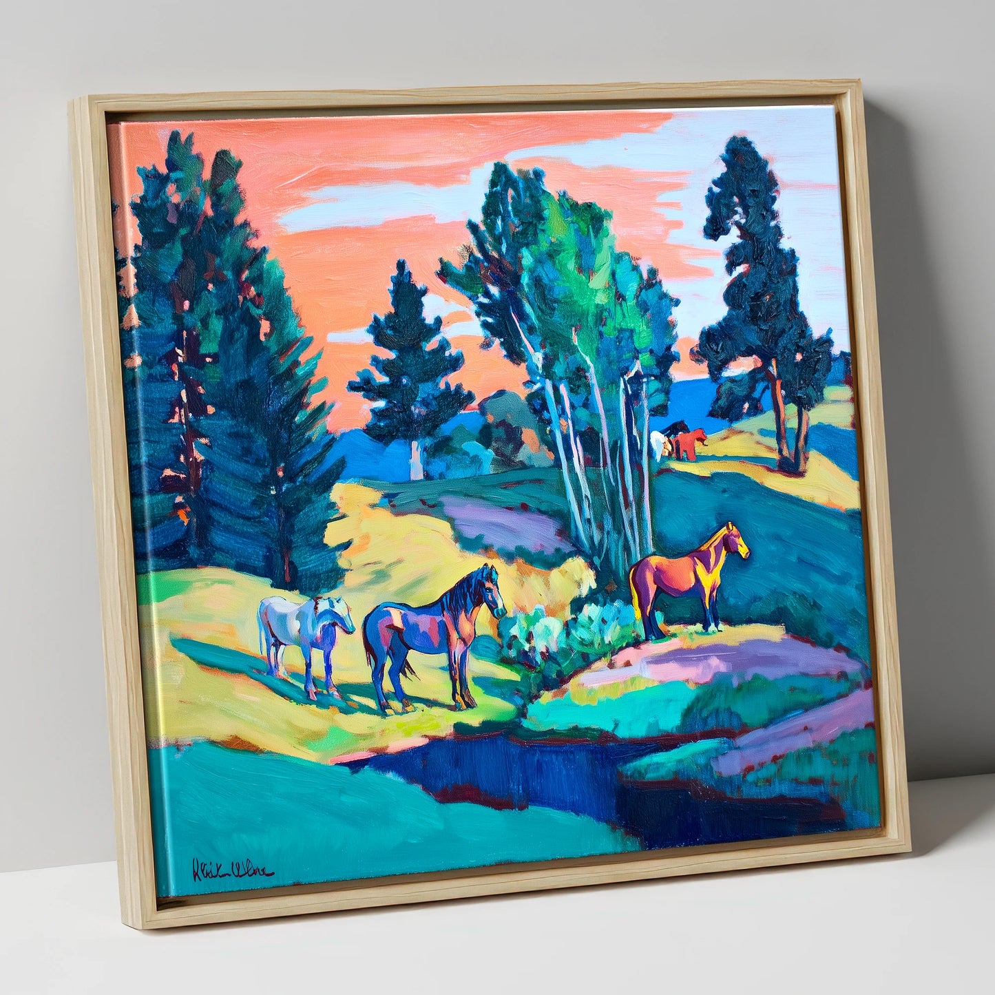 Vibrant Summer Pastures horse landscape canvas wall art in natural frame