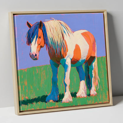 Vibrant Skewbald Gypsy Cob horse breed canvas wall art in natural frame
