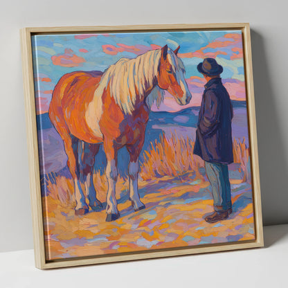 Golden Hour Harmony horse & rider canvas wall art in natural frame