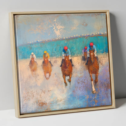 Towards the Wire racing horse canvas wall art in natural frame