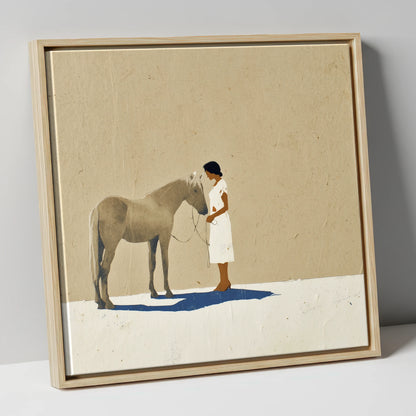 Grey Horse and Navy Shadow horse & rider canvas wall art in natural frame
