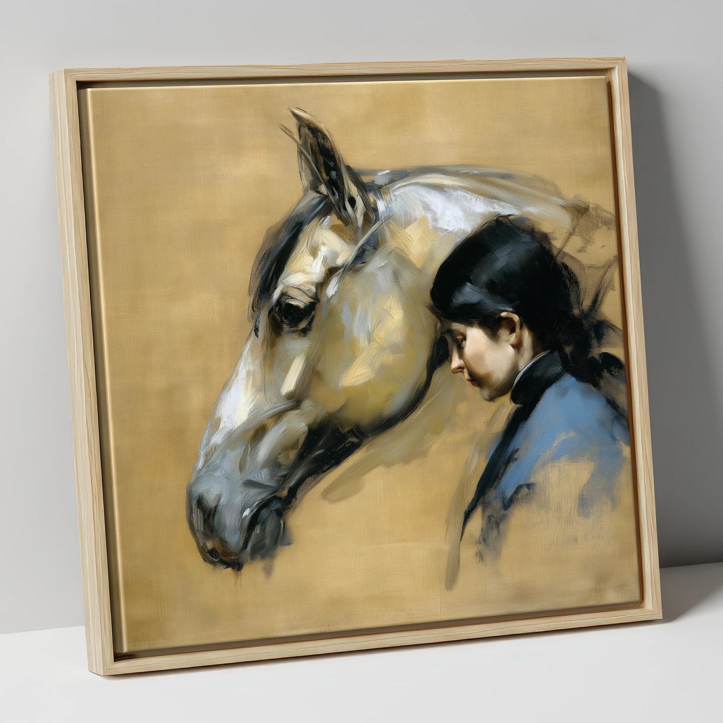 The Silent Bond horse & rider canvas wall art in natural frame