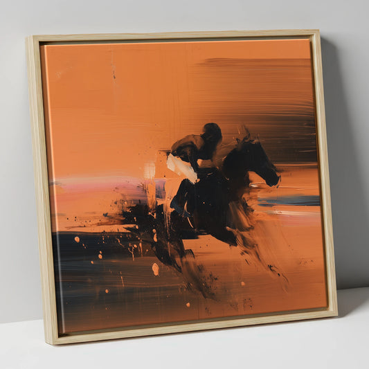 Through the Amber Dust racing horse canvas wall art in natural frame