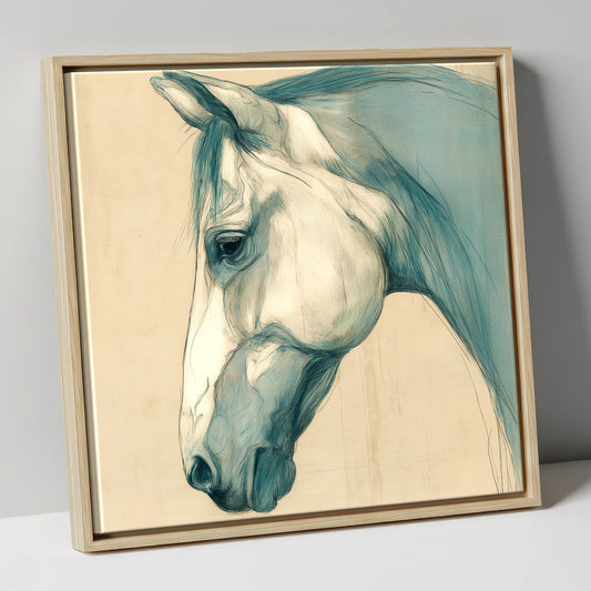 Teal Wash Portrait horse portrait canvas wall art in natural frame