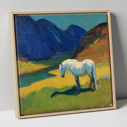 Vibrant Valley Grey horse landscape canvas wall art in natural frame
