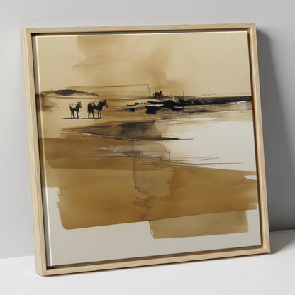 Sepia Shoreline Drift horse landscape canvas wall art in natural frame