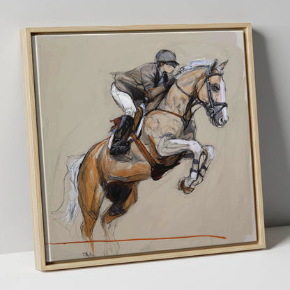 Moment of Flight show jumping horse canvas wall art in natural frame