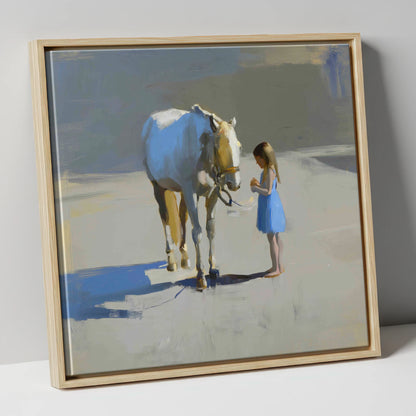 Sunlit Trust horse & rider canvas wall art in natural frame
