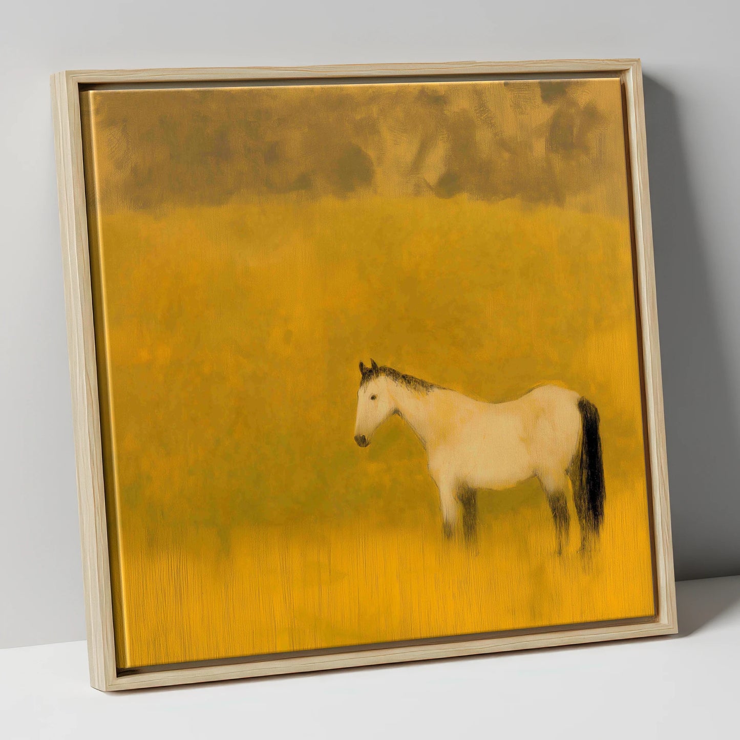Golden Silence horse landscape canvas wall art in natural frame