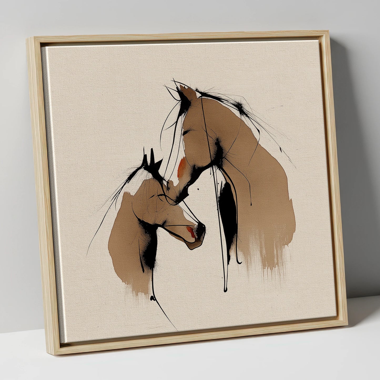 Tender Whispers mare & foal canvas wall art in natural frame