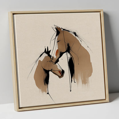 Tender Whispers mare & foal canvas wall art in natural frame