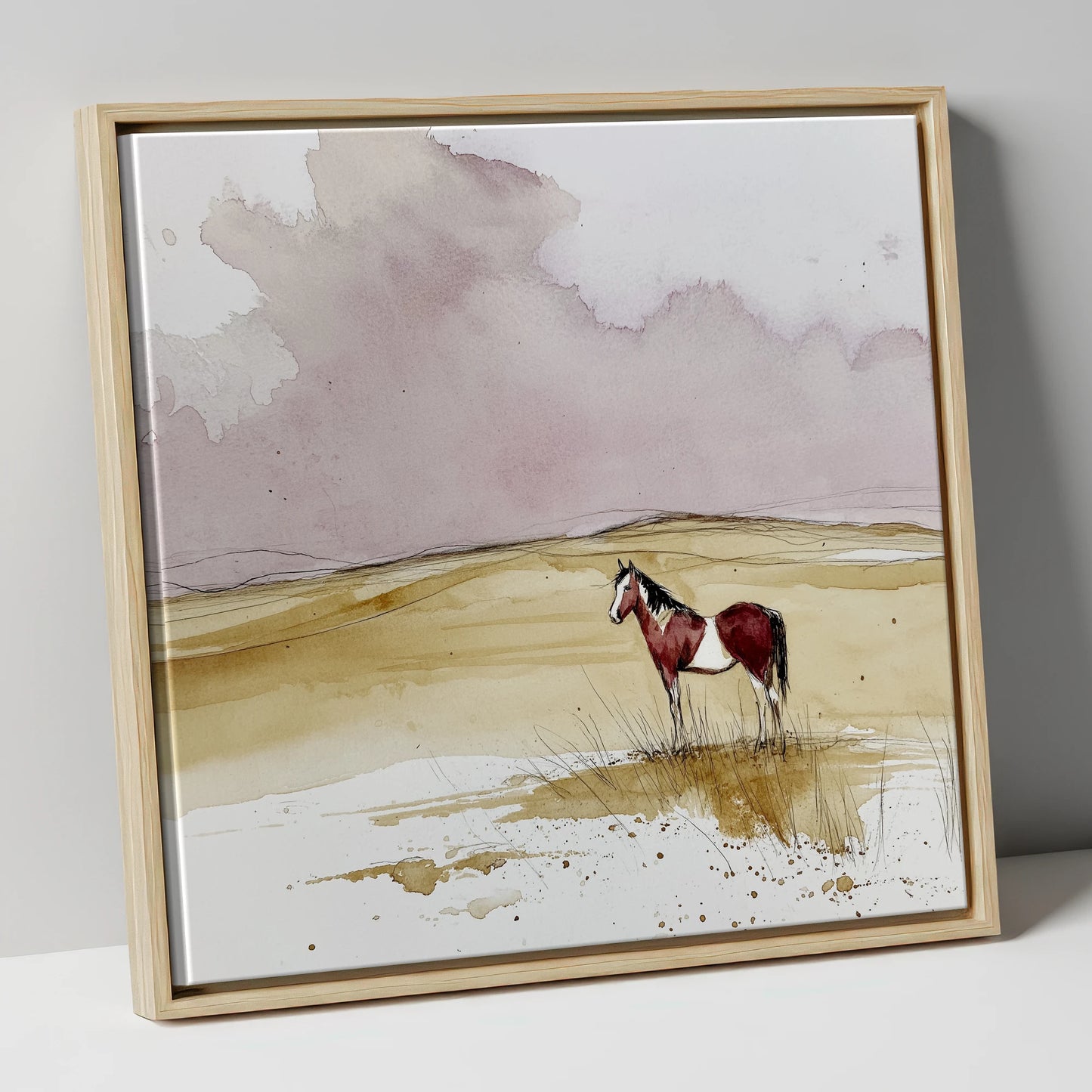 Ochre Horizons horse landscape canvas wall art in natural frame