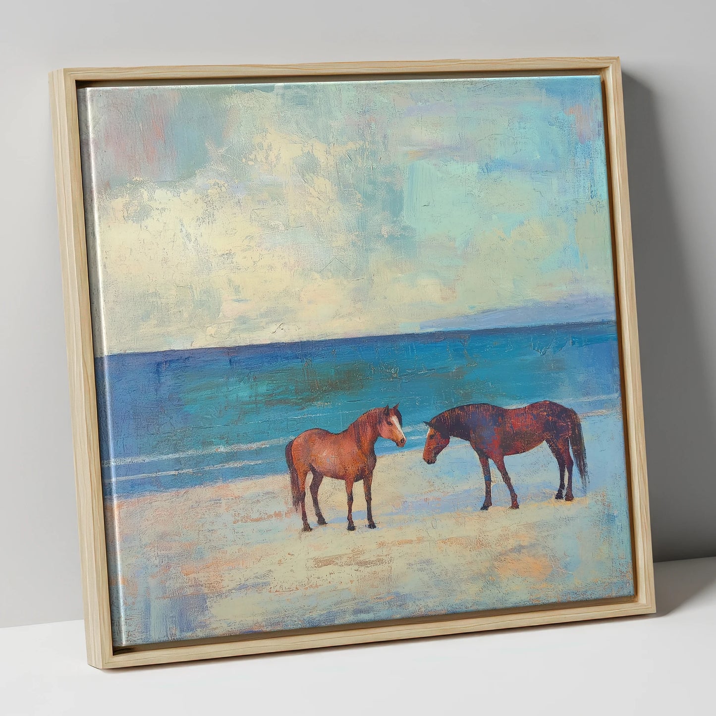 Shoreline Companions horse landscape canvas wall art in natural frame