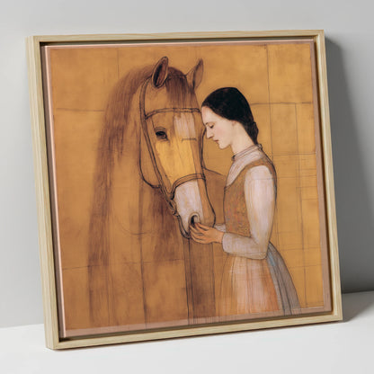 Quiet Connection horse & rider canvas wall art in natural frame
