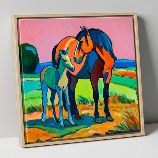 Vivid Bonds mare & foal canvas wall art in natural frame