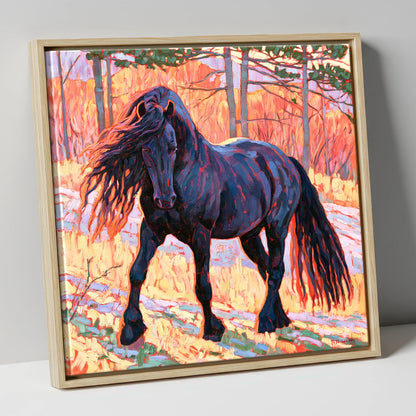 Vibrant Friesian in Sunset Woodland horse breed canvas wall art in natural frame