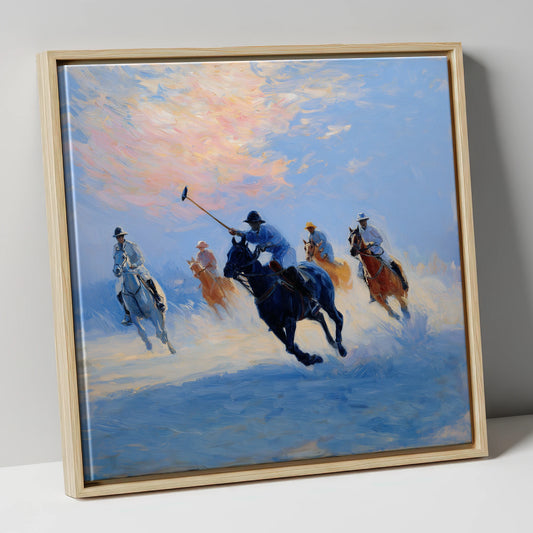 The Golden Chukka polo horse canvas wall art in natural frame