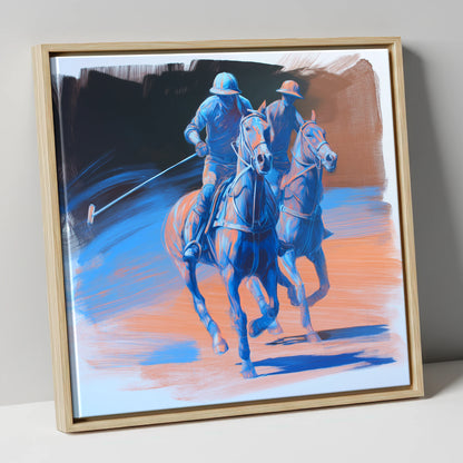 Cobalt Polo Pursuit polo horse canvas wall art in natural frame