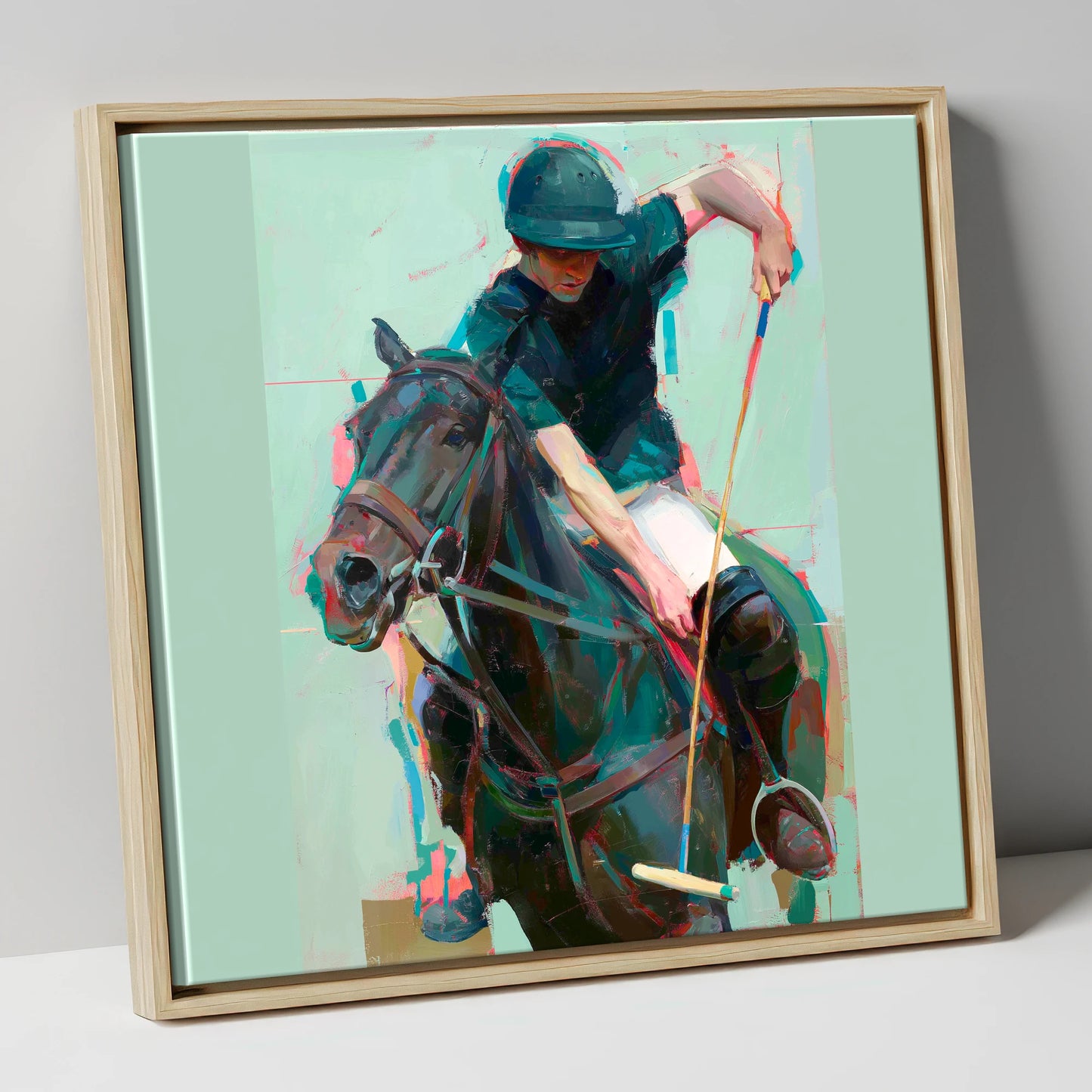 The Decisive Swing polo horse canvas wall art in natural frame