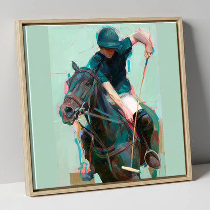 The Decisive Swing polo horse canvas wall art in natural frame