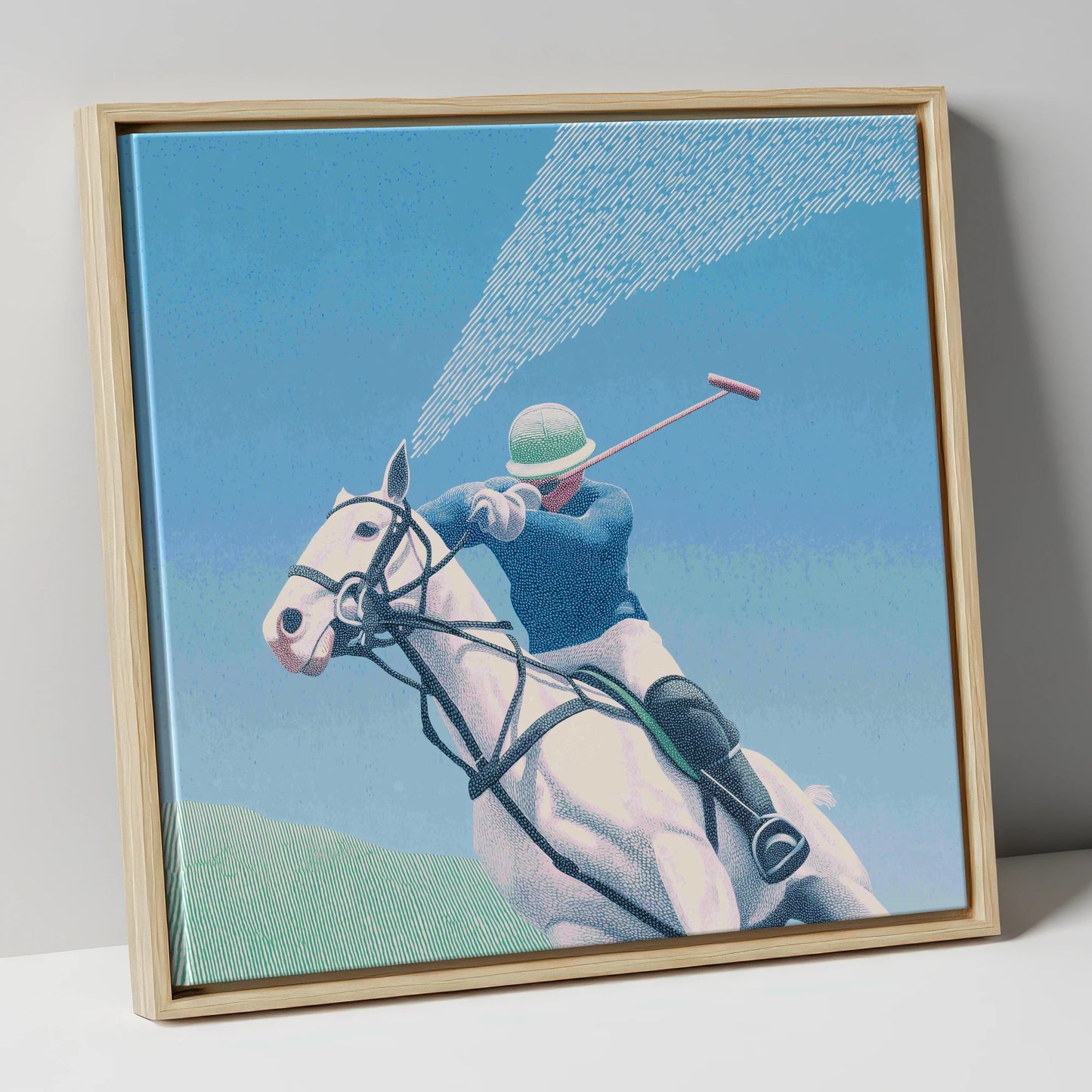 Skyward Swing polo horse canvas wall art in natural frame