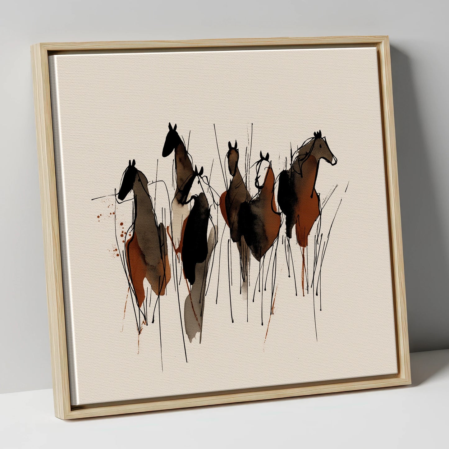 Earthy Herd Silhouettes wild horses canvas wall art in natural frame