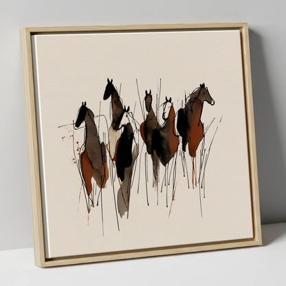 Earthy Herd Silhouettes wild horses canvas wall art in natural frame