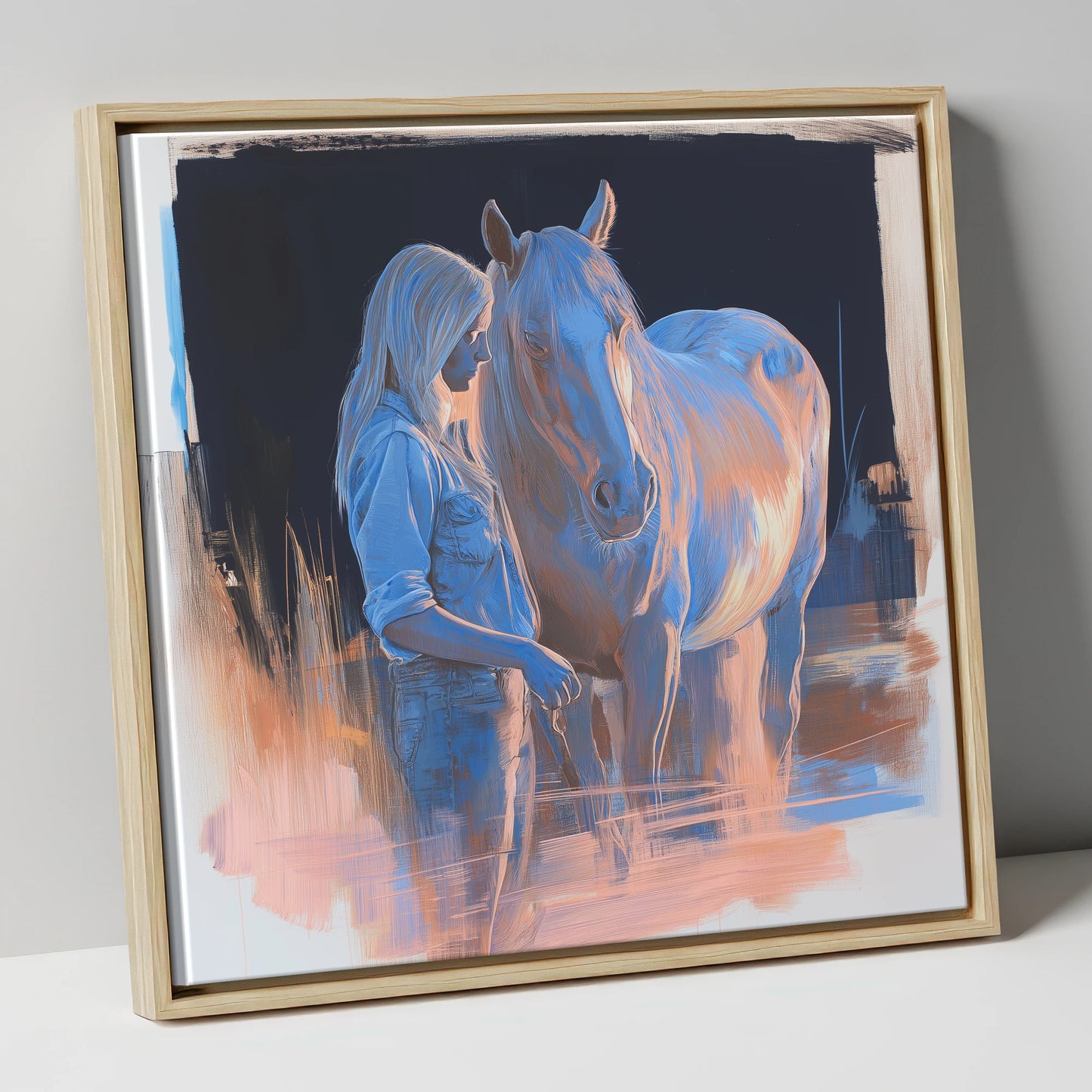 A Quiet Understanding horse & rider canvas wall art in natural frame