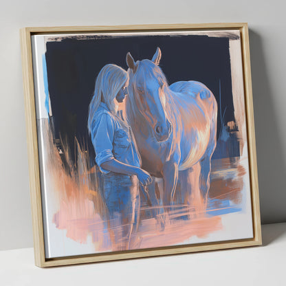 A Quiet Understanding horse & rider canvas wall art in natural frame