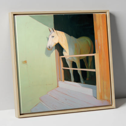 Sunlight and Shadows horse stable canvas wall art in natural frame