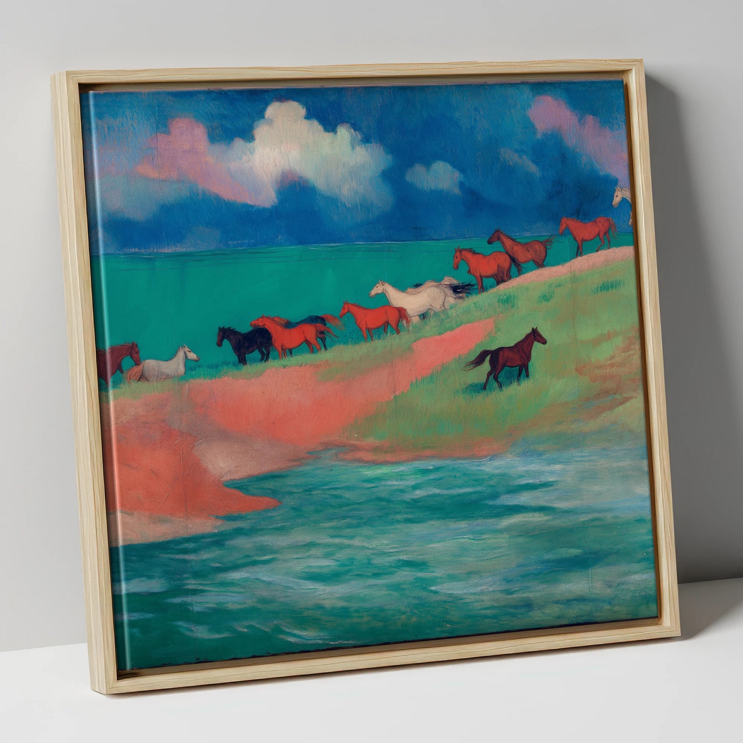 Spirited Coastal Herd wild horses canvas wall art in natural frame