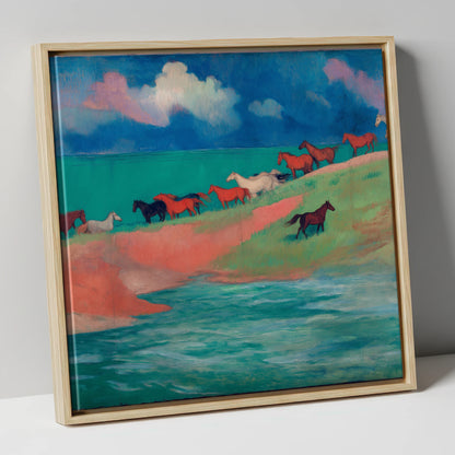 Spirited Coastal Herd wild horses canvas wall art in natural frame
