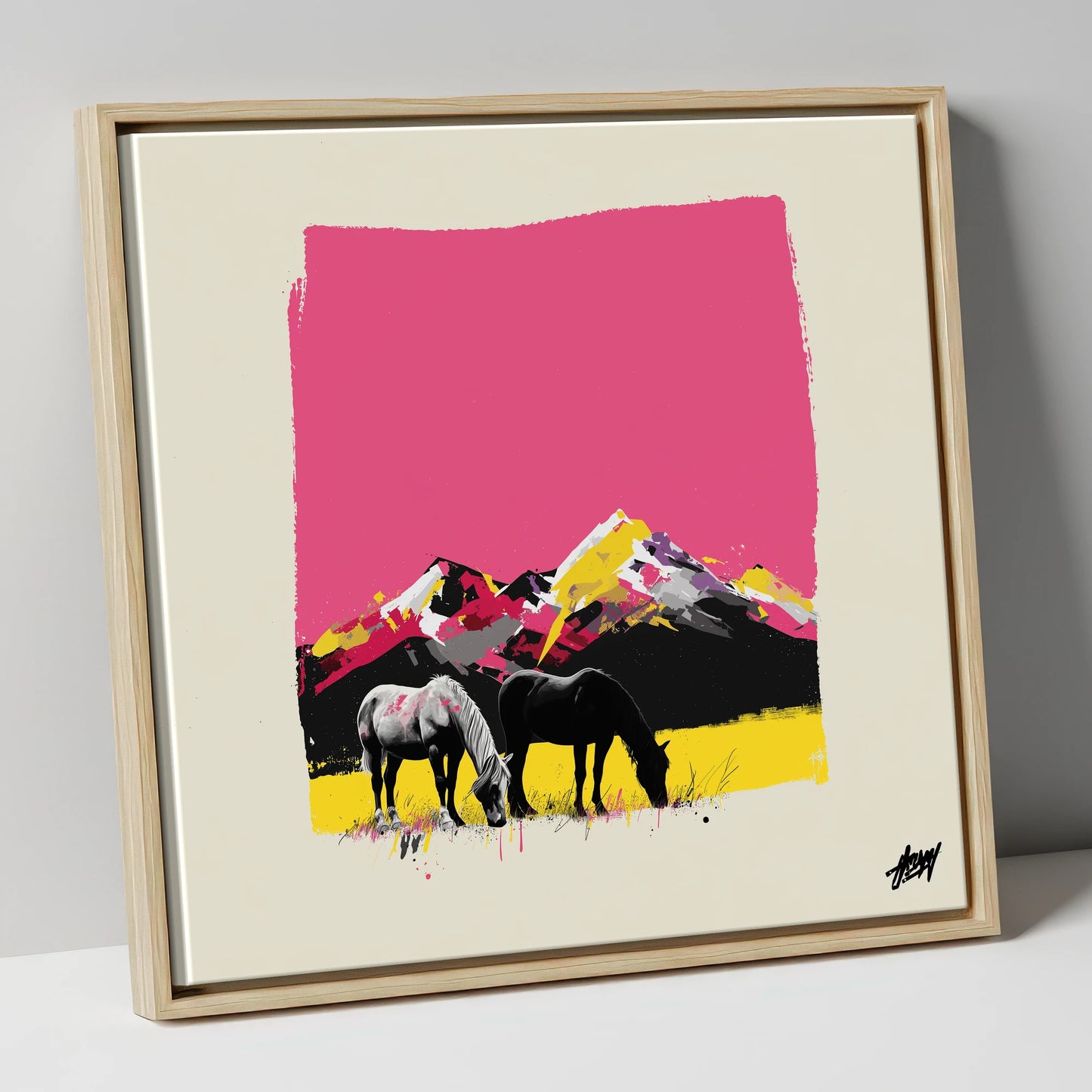 Vibrant Mountain Pastures horse landscape canvas wall art in natural frame