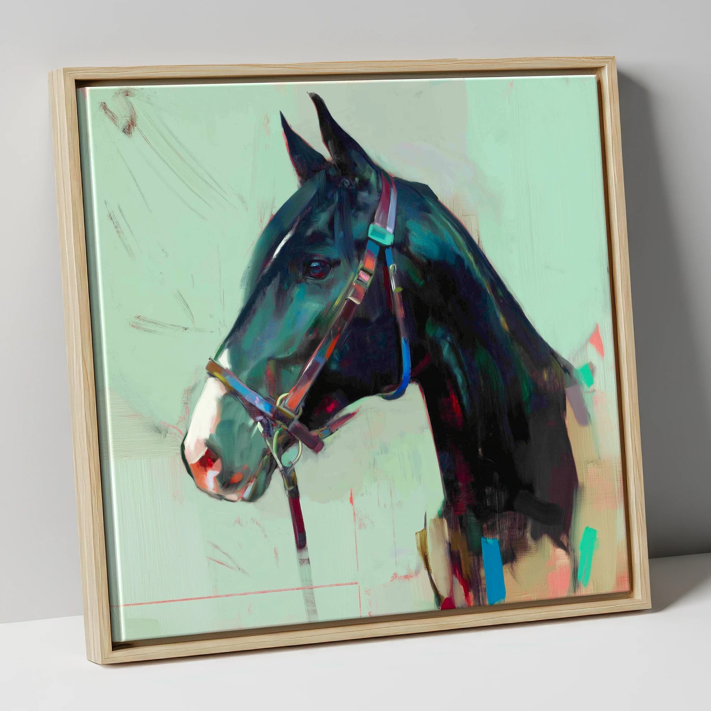 Midnight Profile in Teal horse portrait canvas wall art in natural frame