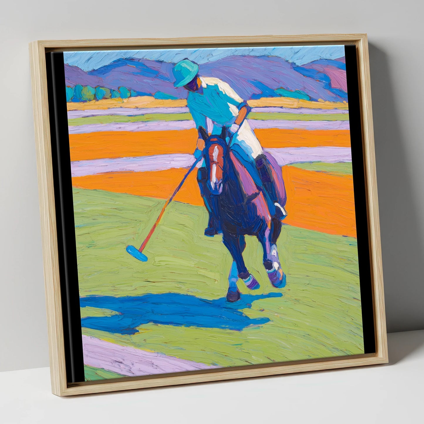 Vivid Chukka polo horse canvas wall art in natural frame