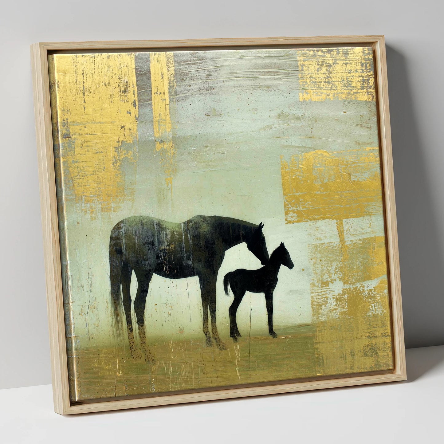 Gilded Maternal Bond mare & foal canvas wall art in natural frame