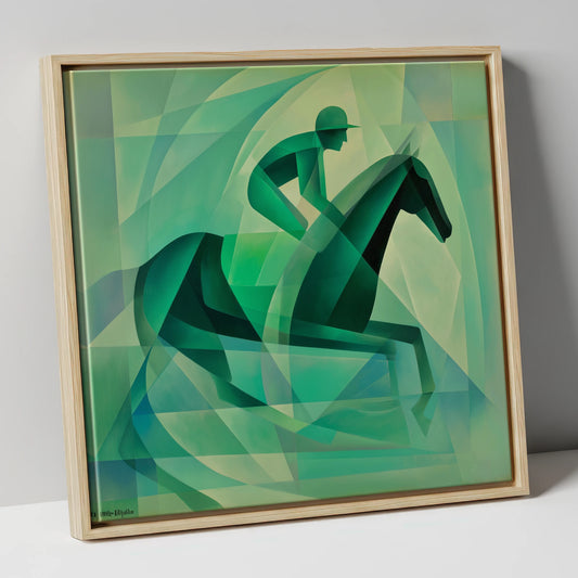 Verdant Stride racing horse canvas wall art in natural frame