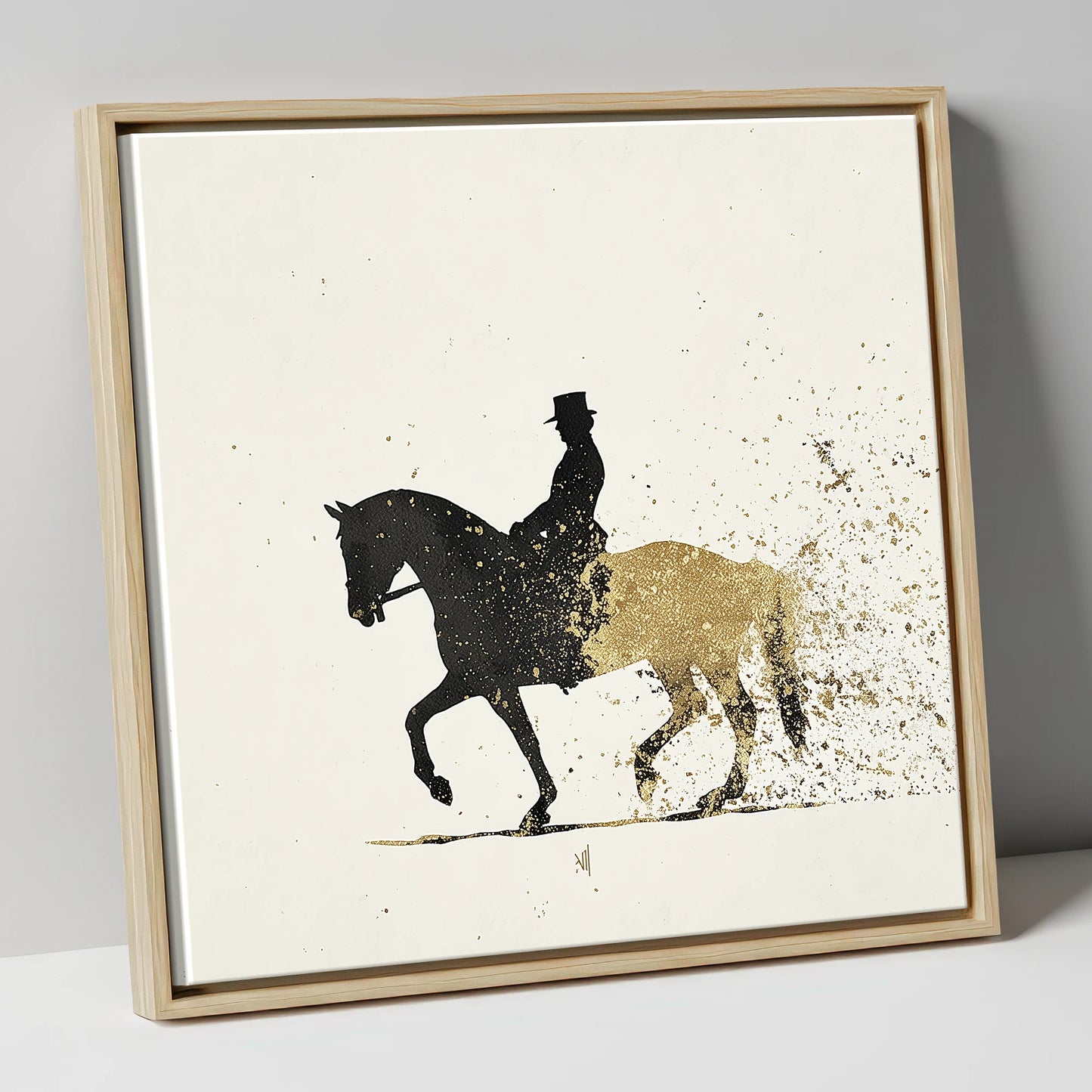 The Golden Passage dressage horse canvas wall art in natural frame