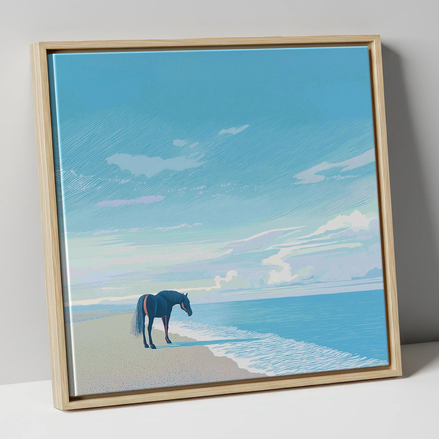 Solitude by the Sea horse landscape canvas wall art in natural frame