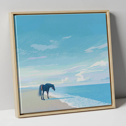Solitude by the Sea horse landscape canvas wall art in natural frame