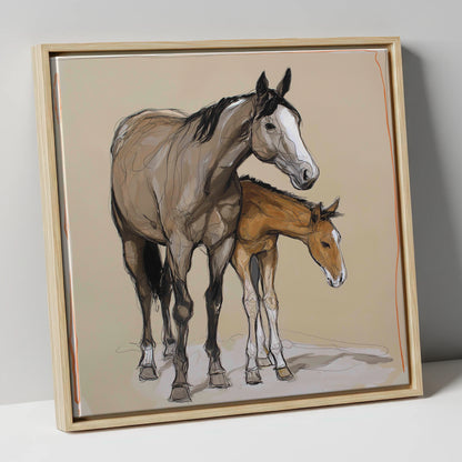 A Quiet Bond mare & foal canvas wall art in natural frame