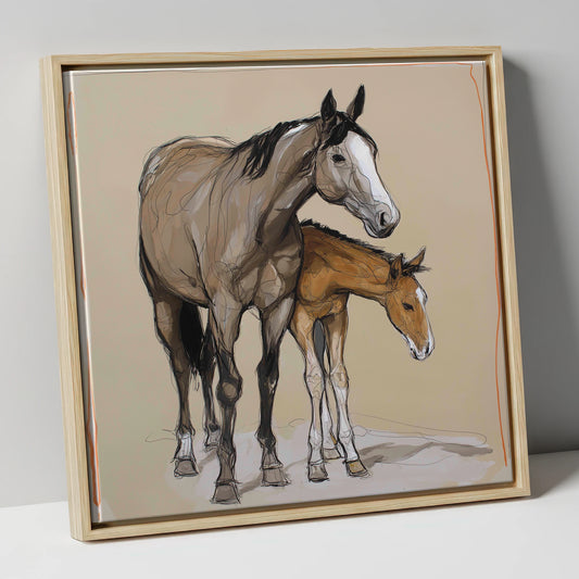 A Quiet Bond mare & foal canvas wall art in natural frame