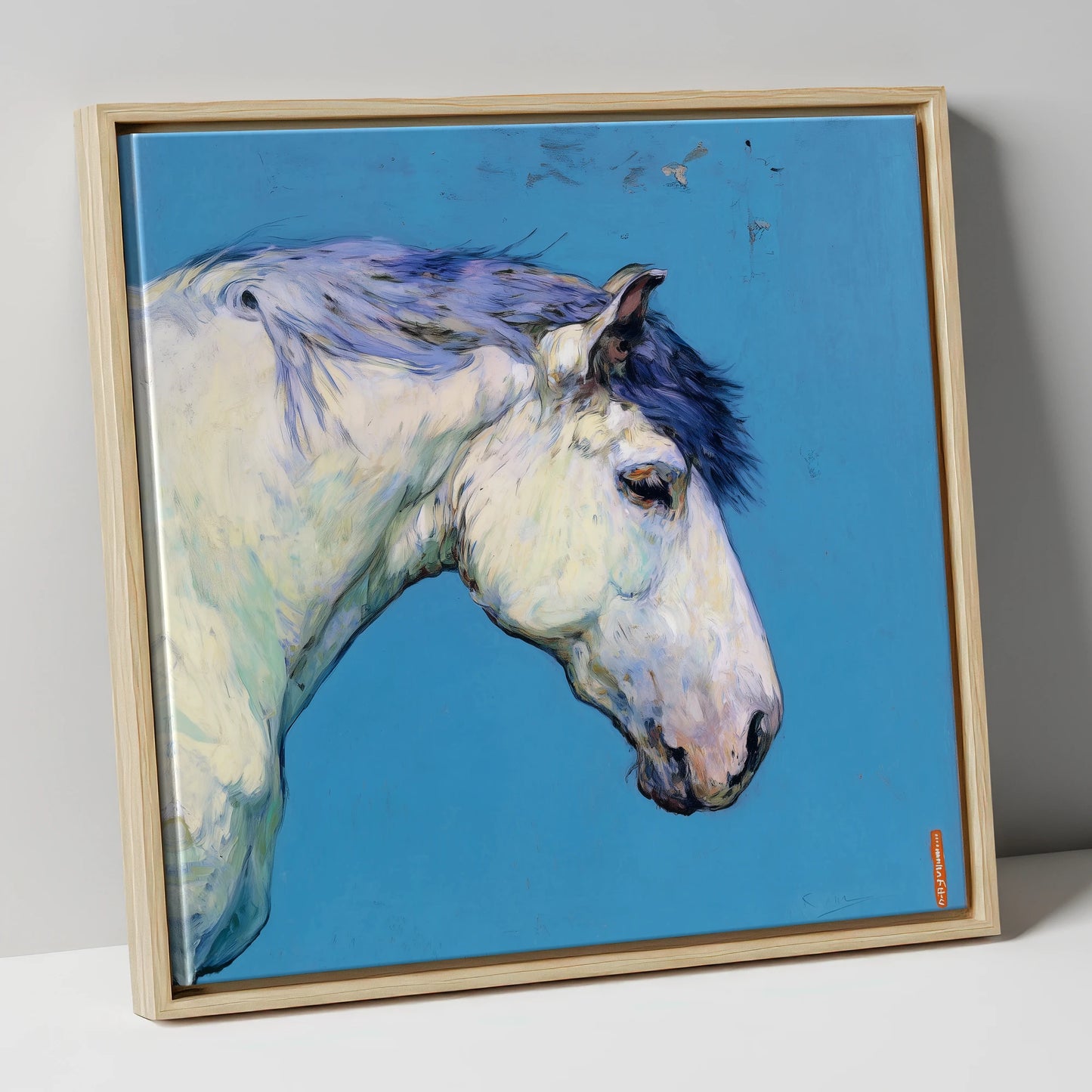 The Azure Grey horse portrait canvas wall art in natural frame