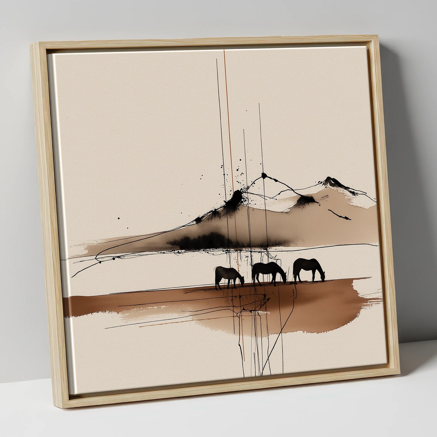 Serene Grazing Horizon horse landscape canvas wall art in natural frame