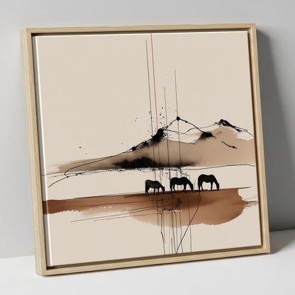 Serene Grazing Horizon horse landscape canvas wall art in natural frame