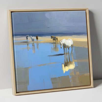 Stillness in the Shallows horse landscape canvas wall art in natural frame
